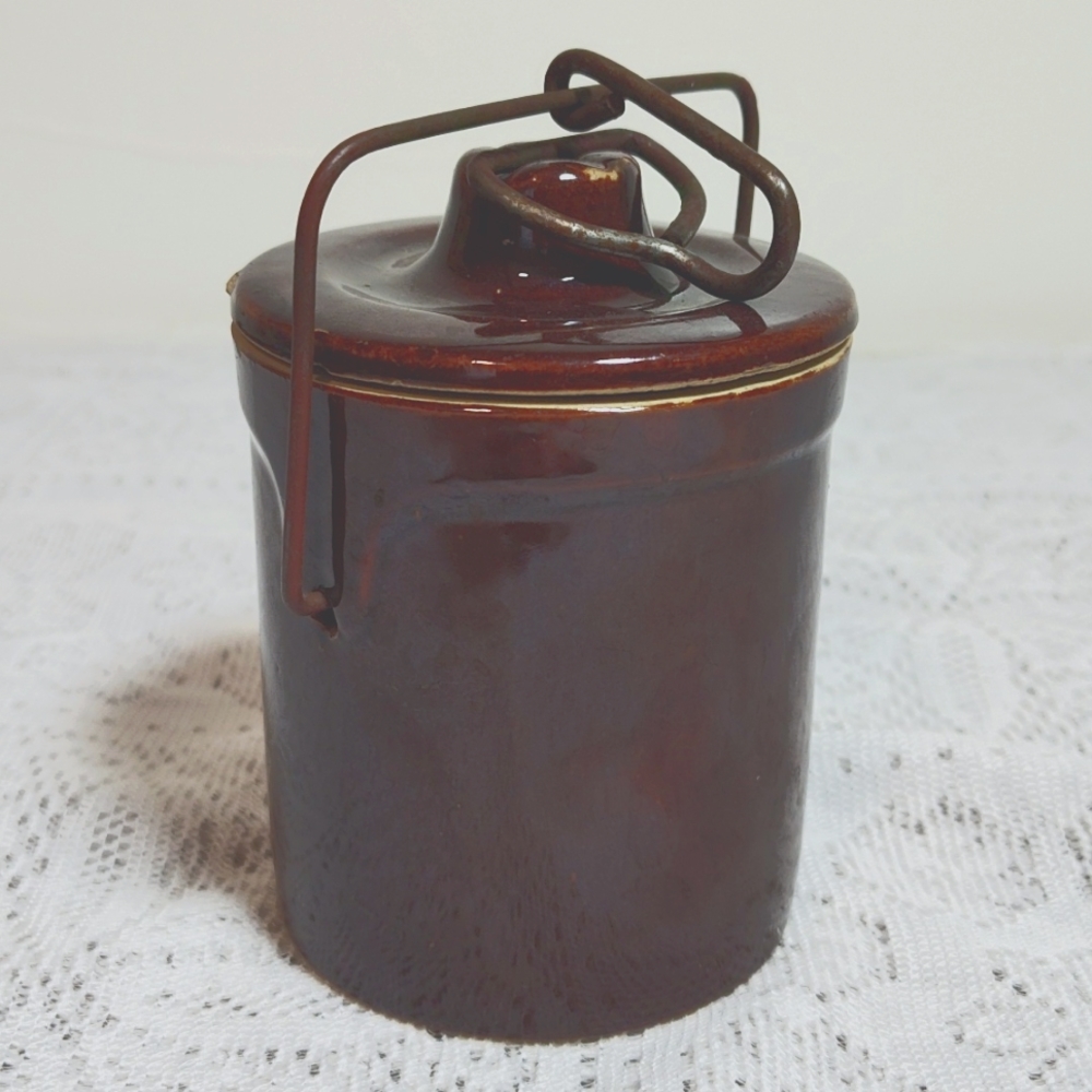 2 FOR $15 Vintage Brown Stoneware Glazed Crock With Metal Clasp